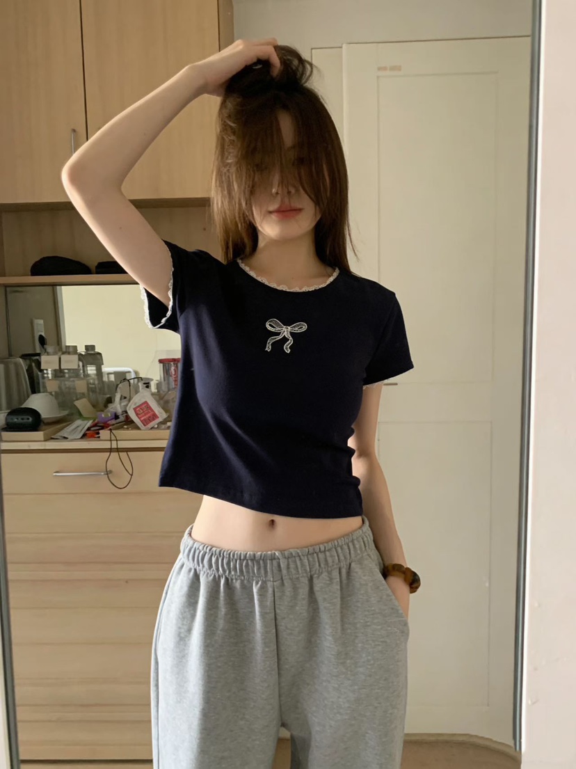 T STOR-티스토리-OT東大門實拍韓國女裝新品職業T恤刺繡絲帶T STOR-2件起T恤