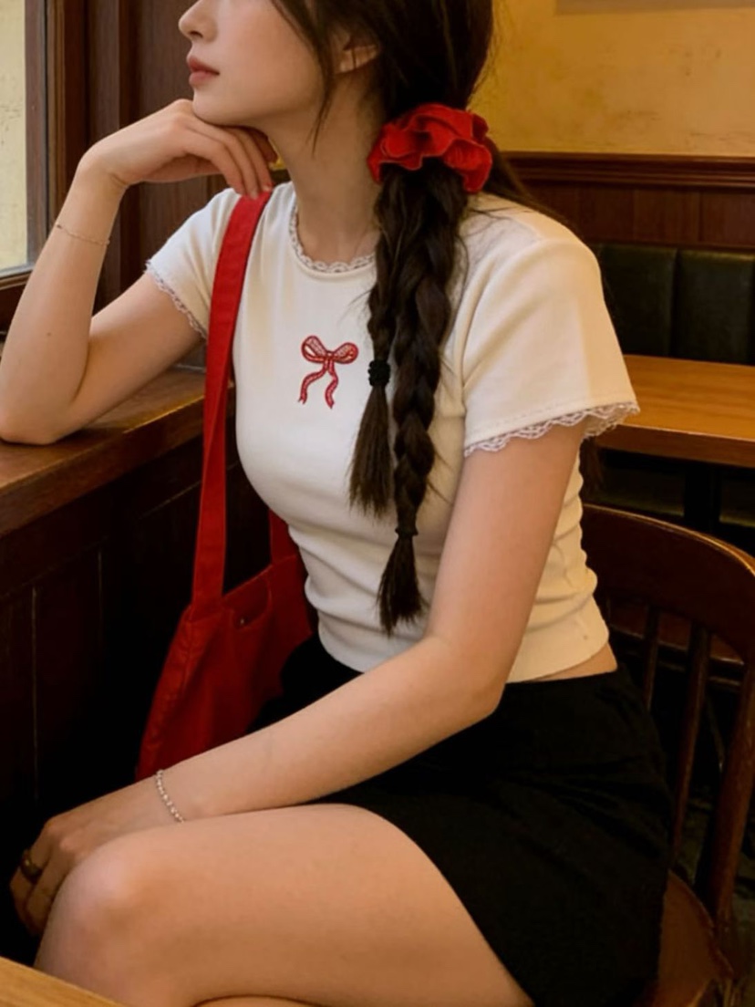 T STOR-티스토리-OT東大門實拍韓國女裝新品職業T恤刺繡絲帶T STOR-2件起T恤