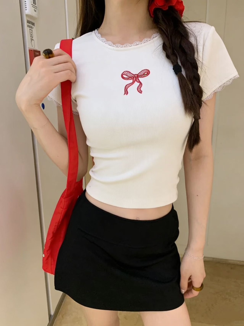 T STOR-티스토리-OT東大門實拍韓國女裝新品職業T恤刺繡絲帶T STOR-2件起T恤