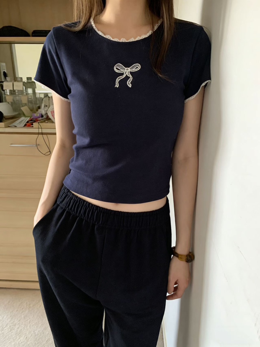 T STOR-티스토리-OT東大門實拍韓國女裝新品職業T恤刺繡絲帶T STOR-2件起T恤圖色1