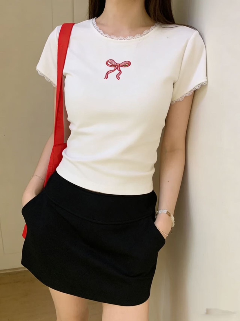 T STOR-티스토리-OT東大門實拍韓國女裝新品職業T恤刺繡絲帶T STOR-2件起T恤圖色2