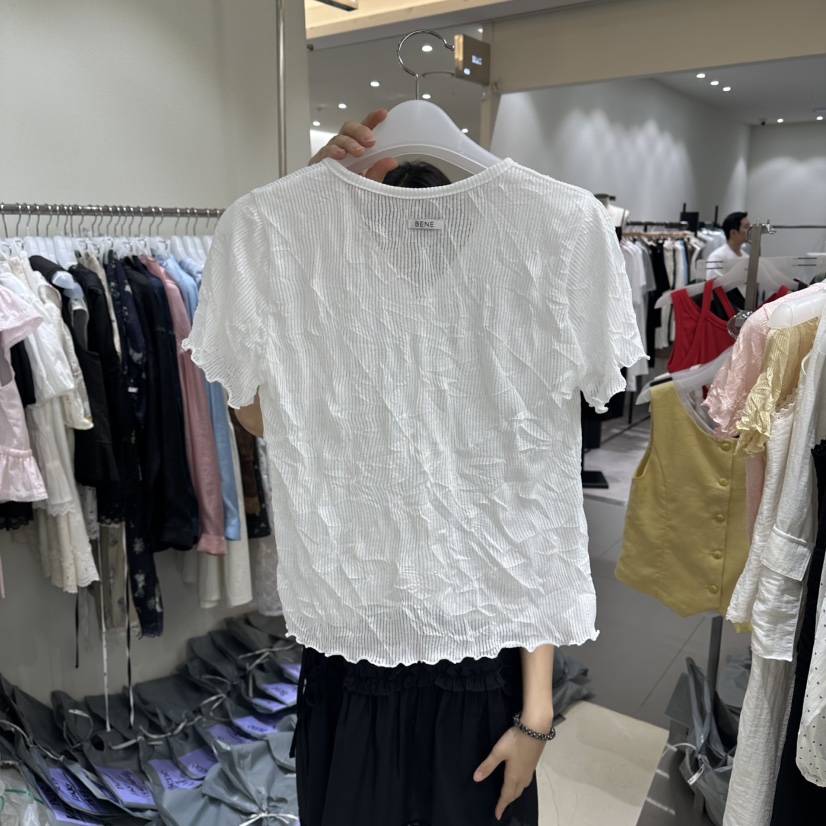 BENE韓國代購女士新款休閑26春夏26夏季職業襯衫蕾絲衫褶皺BENE襯衫/蕾絲衫