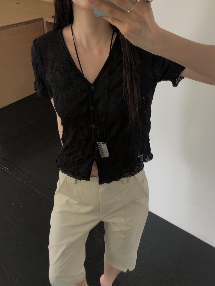 BENE韓國代購女士新款休閑26春夏26夏季職業襯衫蕾絲衫褶皺BENE襯衫/蕾絲衫圖色6黑色