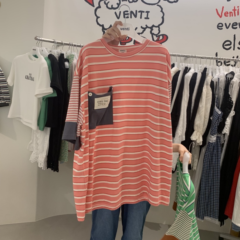 VENTI韓國直郵實拍女裝新品26夏季人氣熱賣時尚休閑T恤條紋VENTIT恤圖色2