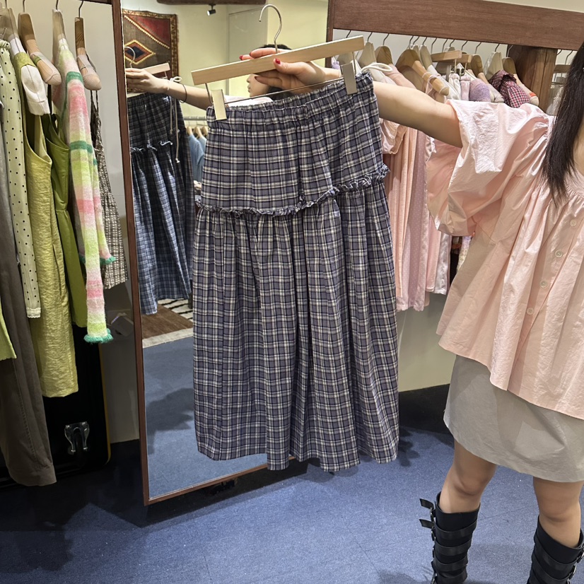 FURE韓國東大門代購女士新款推薦休閑半身裙中短裙格子褶皺FURE半身裙/中短裙