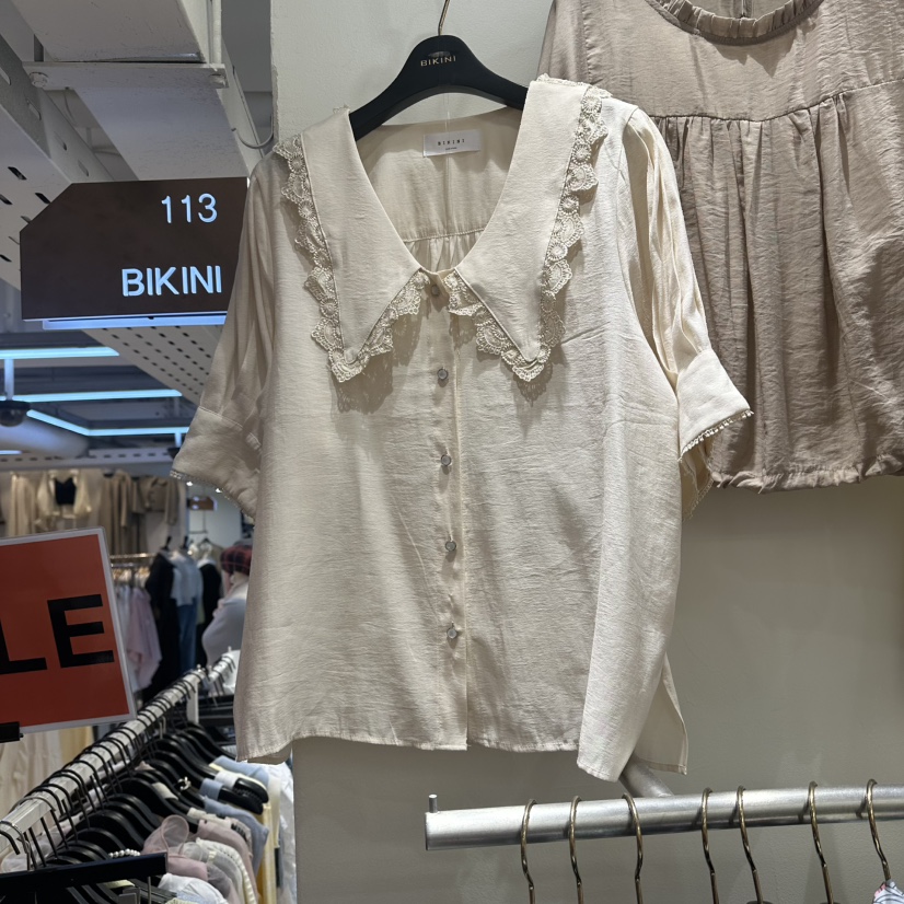 BIKINI韓國東大門代購女士新款推薦時尚襯衫蕾絲衫撞色蕾絲BIKINI襯衫/蕾絲衫圖色1