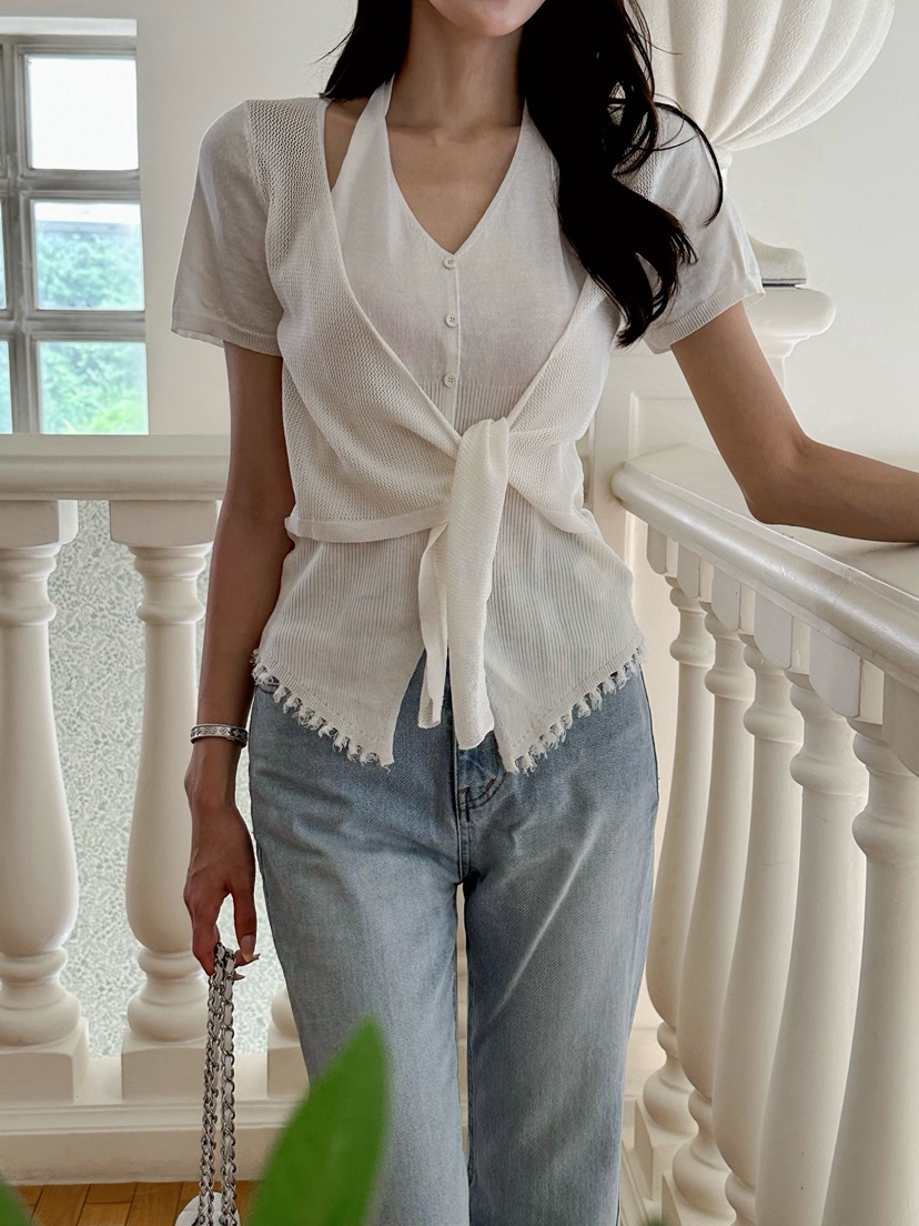 81 MARKET-L韓國東大門代購女士新品人氣針織衫假兩件亞麻81 MARKET-L針織衫