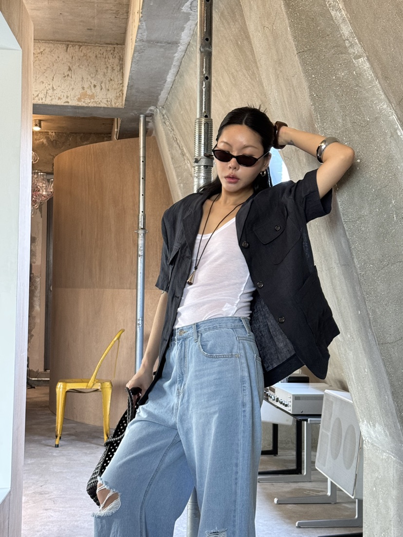 LIMLIMLIM韓國直郵女裝新款時尚職業26夏季夾克亞麻布口袋LIM LIM LIM夾克