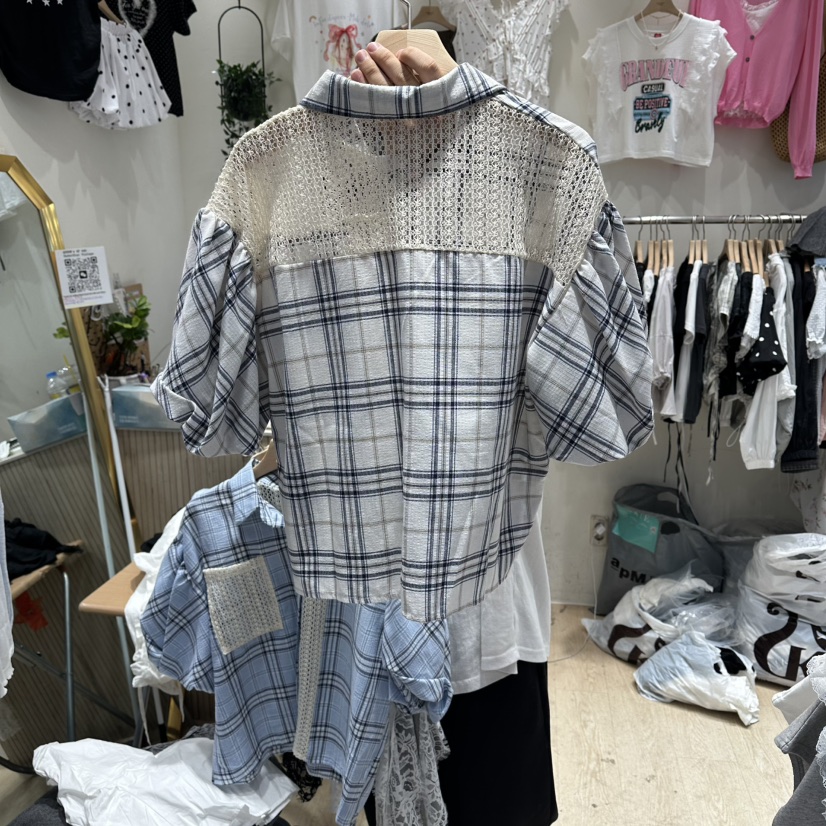 UNDERSTAR_VINTAGE韓國東大門直郵女士新品時尚襯衫蕾絲衫泡泡袖網眼格紋UNDERSTAR_VINTAGE襯衫/蕾絲衫