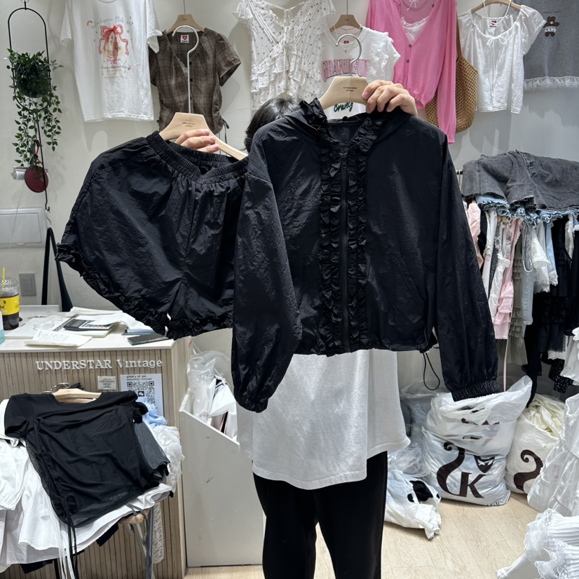 UNDERSTAR_VINTAGE韓國東大門直郵女裝新品時尚套裝荷葉邊拉鏈套裝連帽UNDERSTAR_VINTAGE套裝圖色3