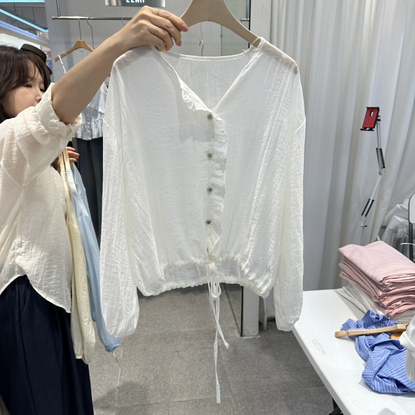 ELAN韓國東大門直郵女士新款26夏季推薦襯衫蕾絲衫褶皺寬松ELAN襯衫/蕾絲衫圖色1