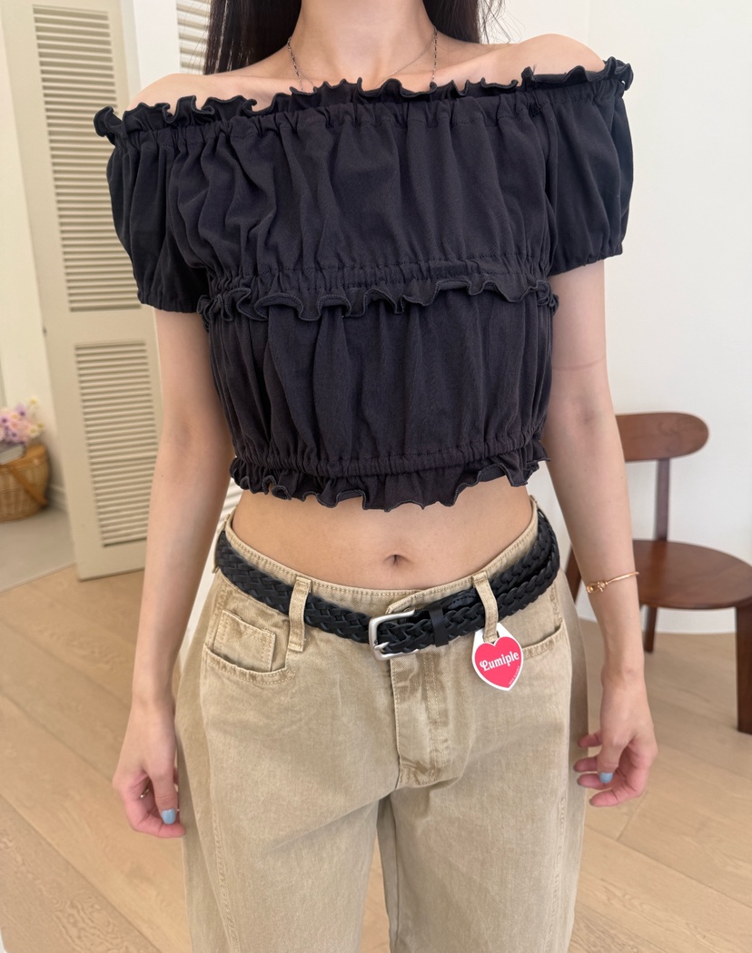 LUMIPLE東大門實拍韓國女裝新款休閑襯衫蕾絲衫荷葉邊露肩LUMIPLE襯衫/蕾絲衫