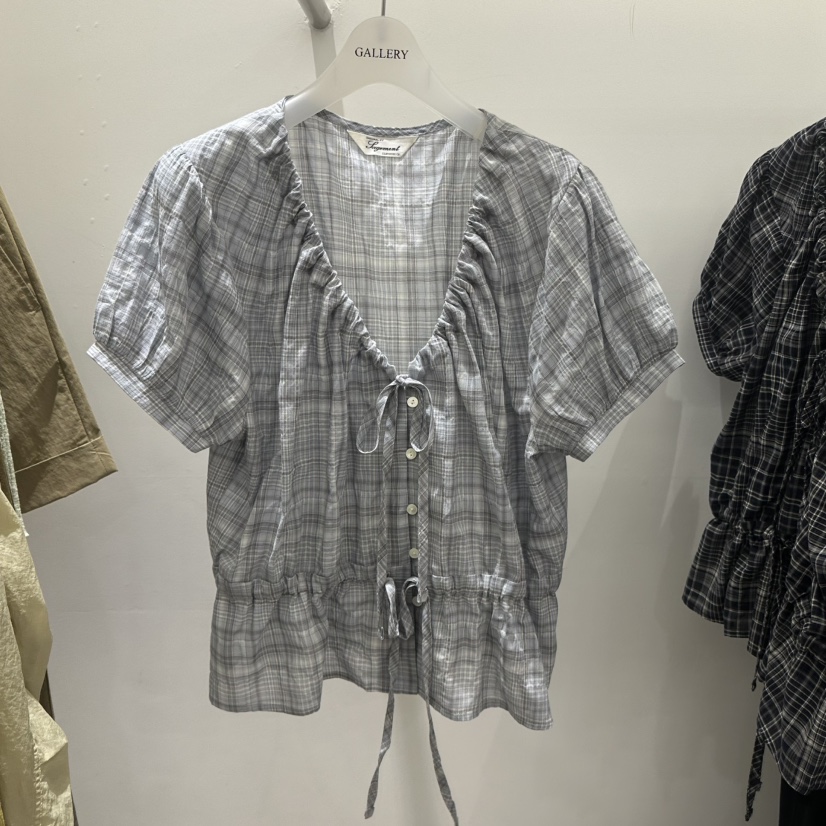 GALLERY-P韓國東大門代購女士新品熱賣26春夏襯衫蕾絲衫格紋GALLERY-P襯衫/蕾絲衫圖色2藍色