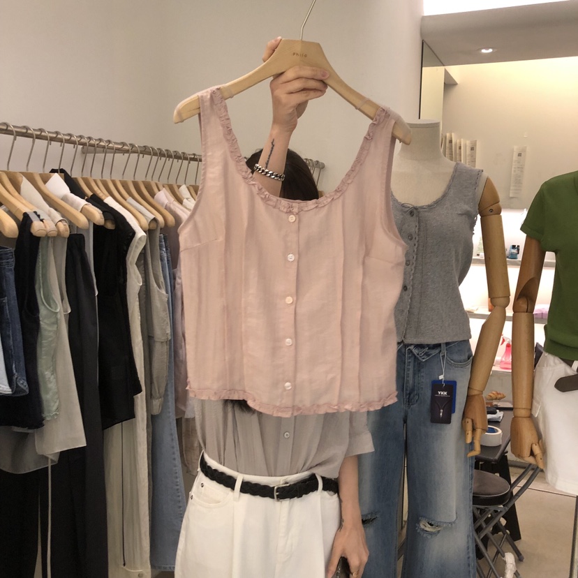 PHILO韓國東大門直郵女士新款熱賣26夏季吊帶背心荷葉邊無袖PHILO吊帶/背心圖色1