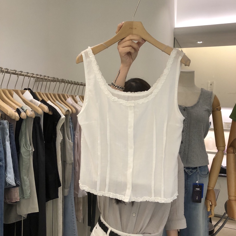 PHILO韓國東大門直郵女士新款熱賣26夏季吊帶背心荷葉邊無袖PHILO吊帶/背心圖色2