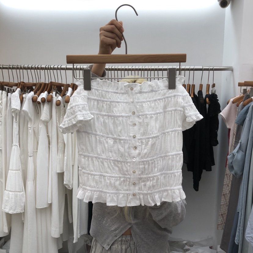 DRESS ROOM韓國直郵女裝新款休閑26夏季職業T恤褶皺露肩DRESS ROOMT恤圖色1