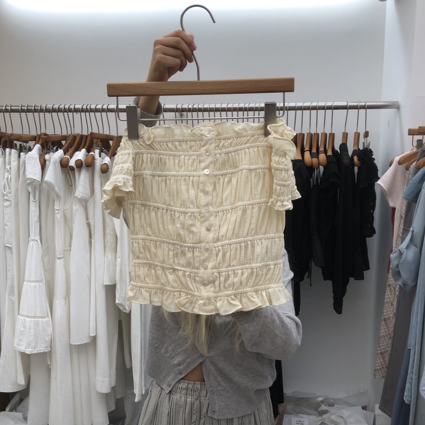 DRESS ROOM韓國直郵女裝新款休閑26夏季職業T恤褶皺露肩DRESS ROOMT恤圖色2