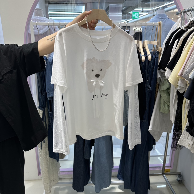 JH.STUDIO-Q韓國直郵女裝新品時尚長袖T恤不含項鏈假兩件狗狗JH.STUDIO-Q長袖T恤圖色1
