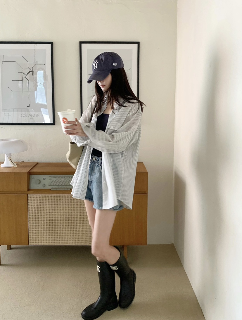 COURGETTE東大門實拍韓國女士新款時尚休閑襯衫蕾絲衫條紋COURGETTE襯衫/蕾絲衫