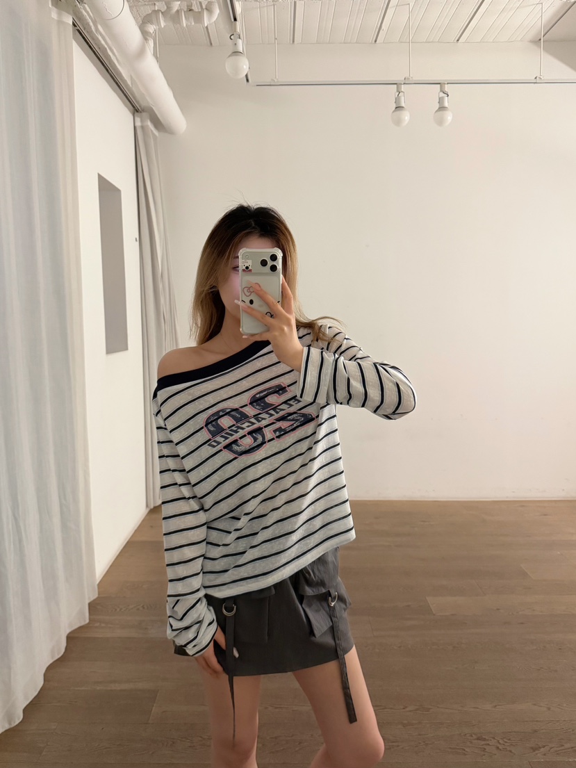 LATTE-P韓國直郵實拍女裝新款時尚職業熱賣休閑長袖T恤條紋LATTE-P長袖T恤