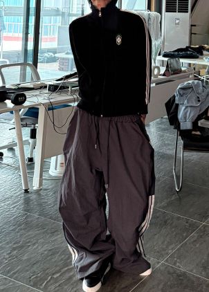 HESTORY東大門實拍韓國女裝新品時尚休閑褲男女同款拉鏈條紋HESTORY休閑褲