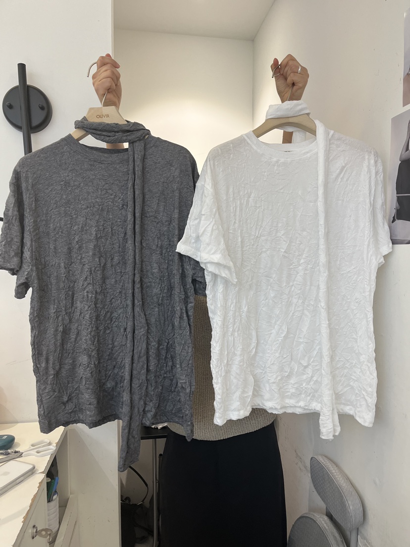 OUVIR韓國直郵女士新品26春夏職業T恤含圍巾套裝褶皺寬松O.V.R/OUVIRT恤