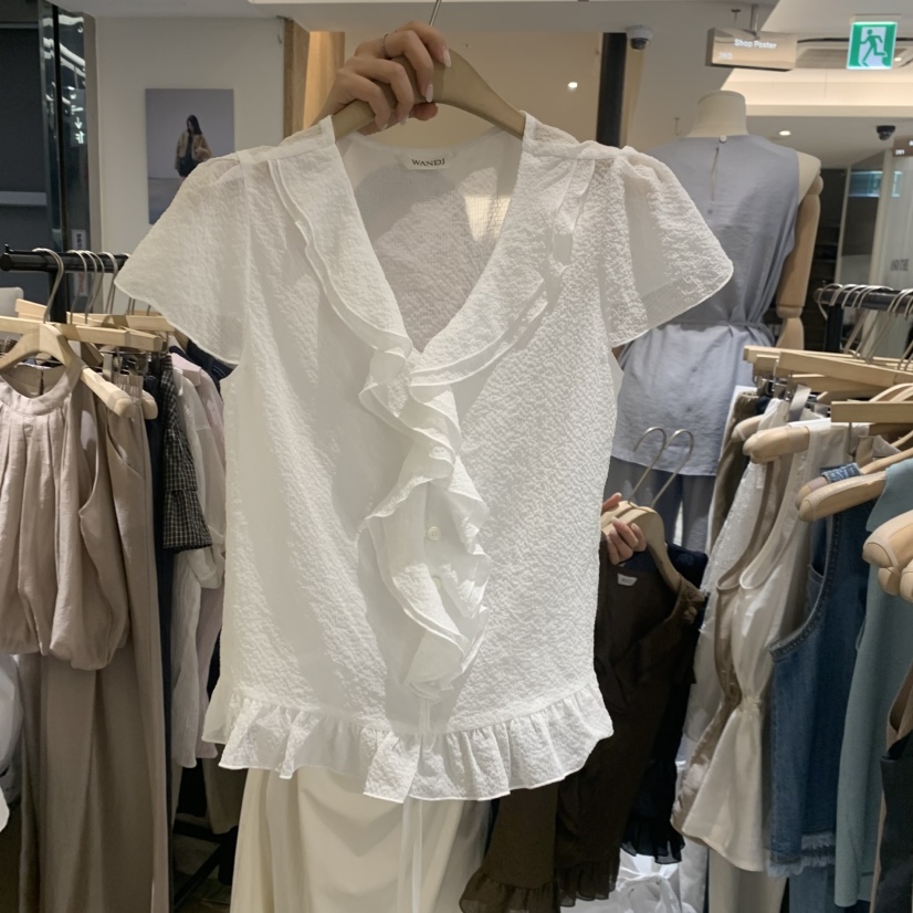 W AND J韓國代購女裝新品職業推薦26夏季襯衫蕾絲衫荷葉邊絨W AND J襯衫/蕾絲衫圖色1