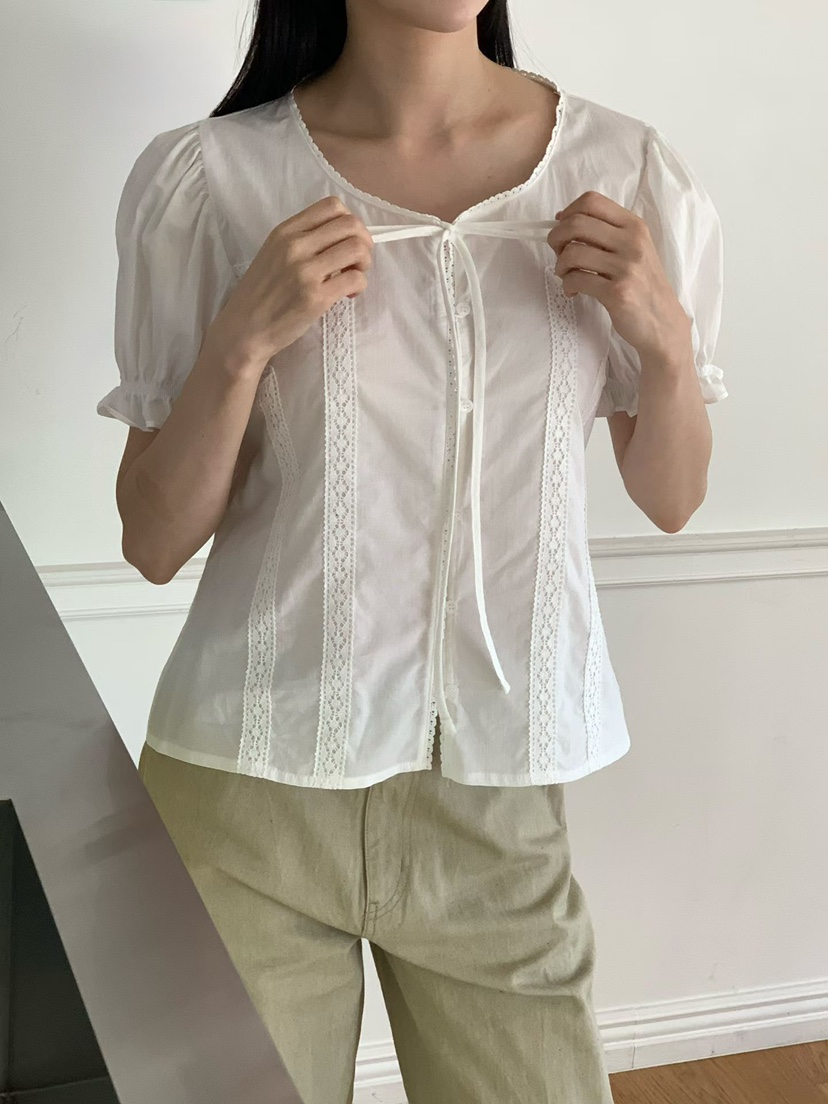 BINUS韓國直郵實拍女士新款職業時尚26夏季襯衫蕾絲衫蕾絲緞帶BINUS襯衫/蕾絲衫