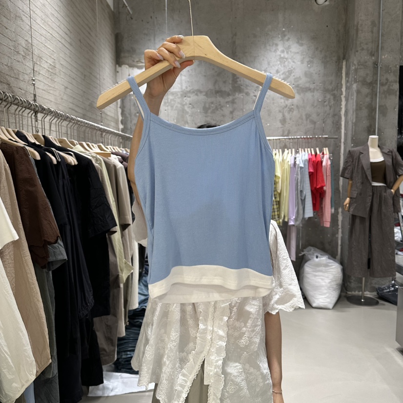 JUNI韓國直郵女裝新款職業26夏季吊帶背心假兩件撞色無袖my juni吊帶/背心