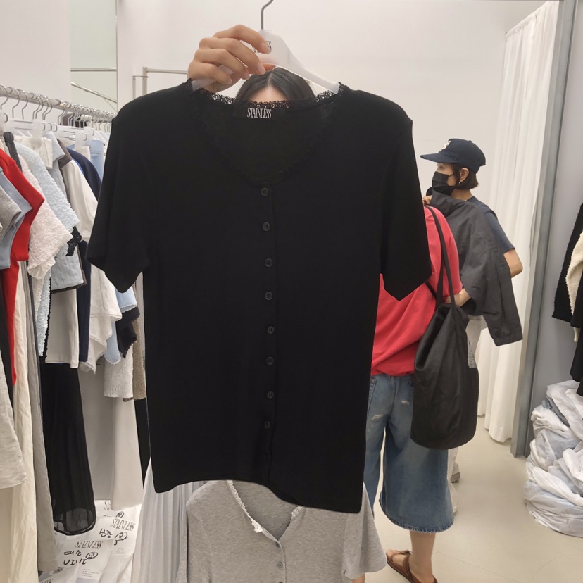 STAINLESS韓國東大門代購女士新品時尚人氣T恤蕾絲開衫羅紋STAINLESST恤圖色3