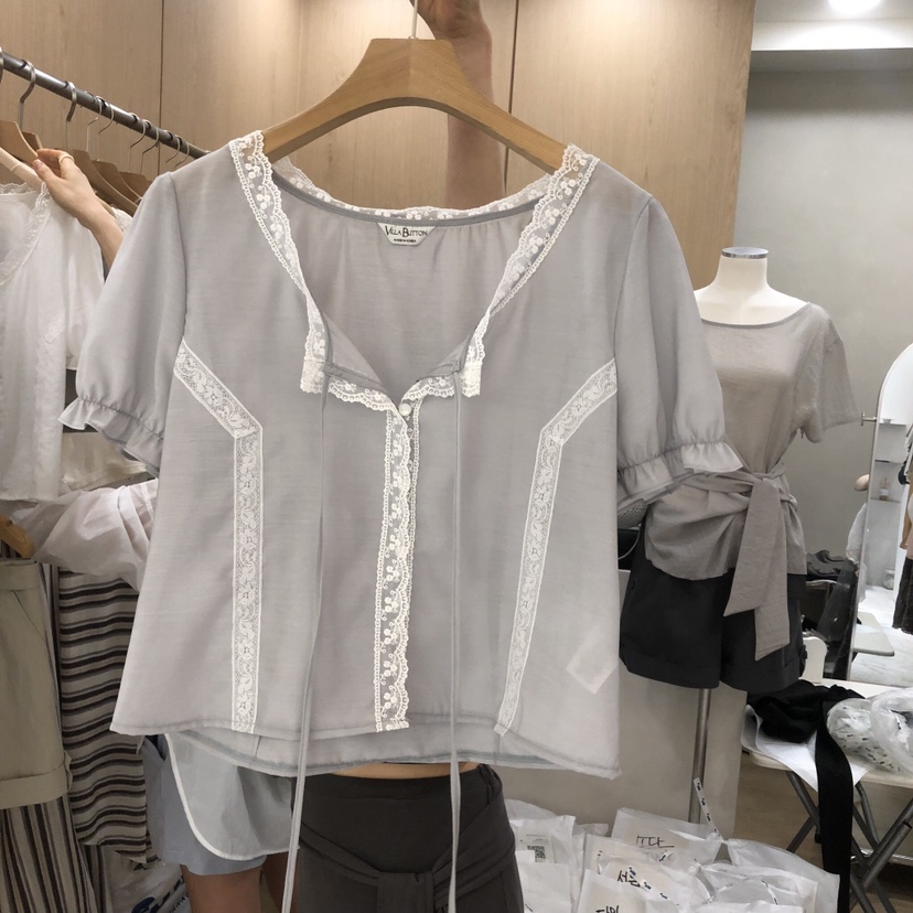 VILLABUTTON韓國直郵女裝新品26春夏襯衫蕾絲衫蕾絲絲綢LVILLABUTTON襯衫/蕾絲衫圖色1
