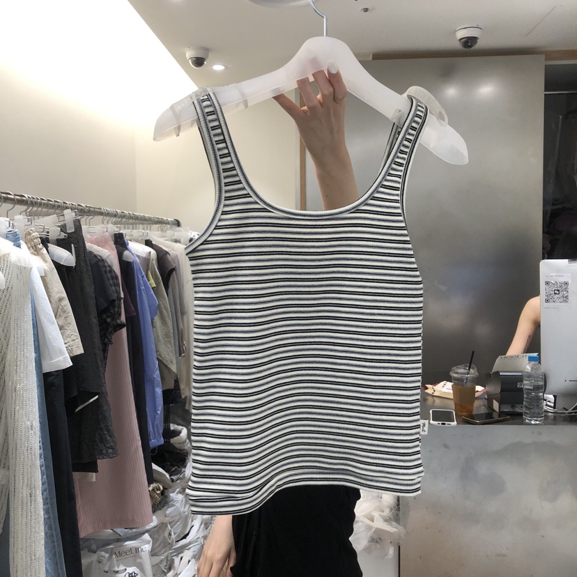 MEET ME韓國東大門代購女裝新品人氣吊帶背心無袖條紋羅紋MEET ME吊帶/背心