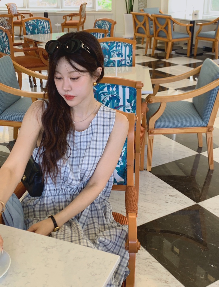 LA CREME韓國代購女裝新品熱賣休閑連衣裙格子褶皺褶裥SLA CREME連衣裙