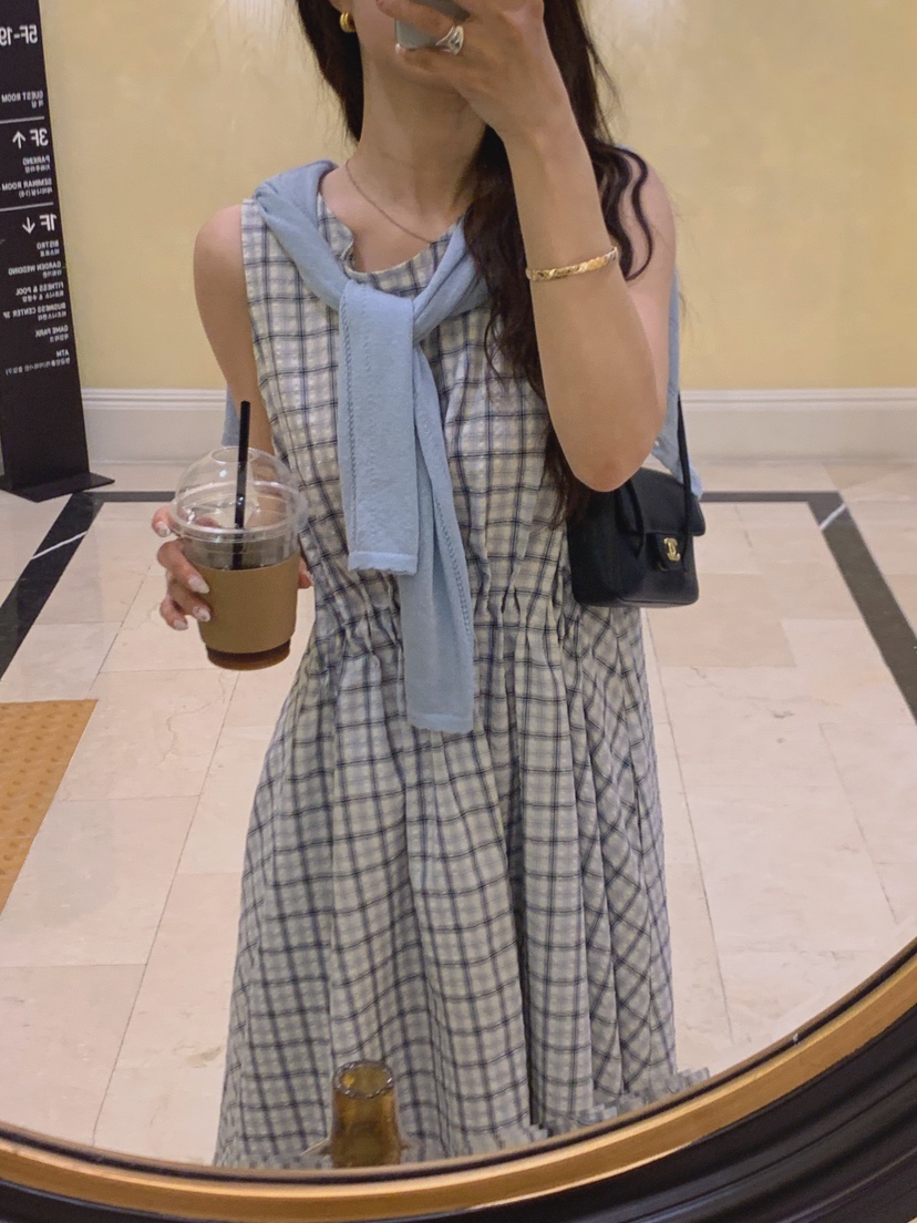 LA CREME韓國代購女裝新品熱賣休閑連衣裙格子褶皺褶裥SLA CREME連衣裙