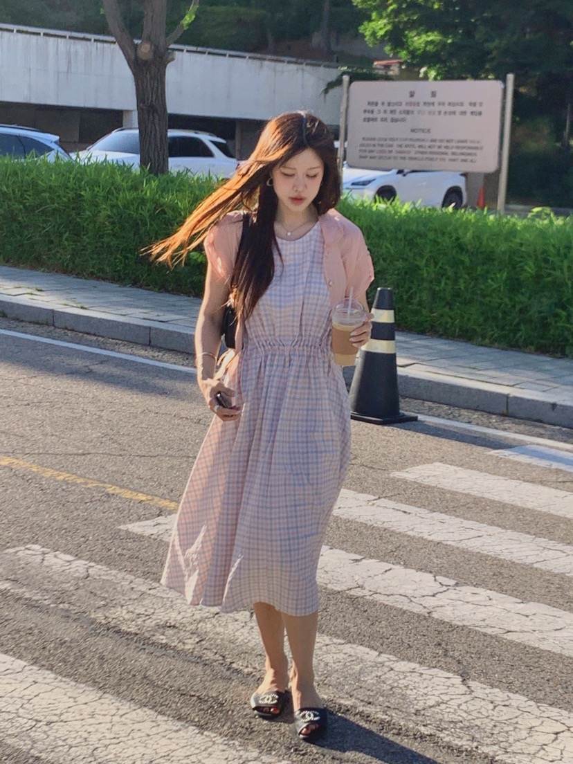 LA CREME韓國代購女裝新品熱賣休閑連衣裙格子褶皺褶裥SLA CREME連衣裙