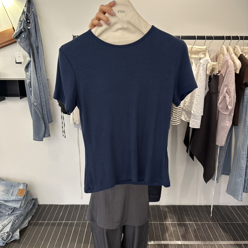 FIND-P韓國代購女裝新品熱賣時尚26夏季休閑人氣T恤羅紋FIND-PT恤圖色2藍色