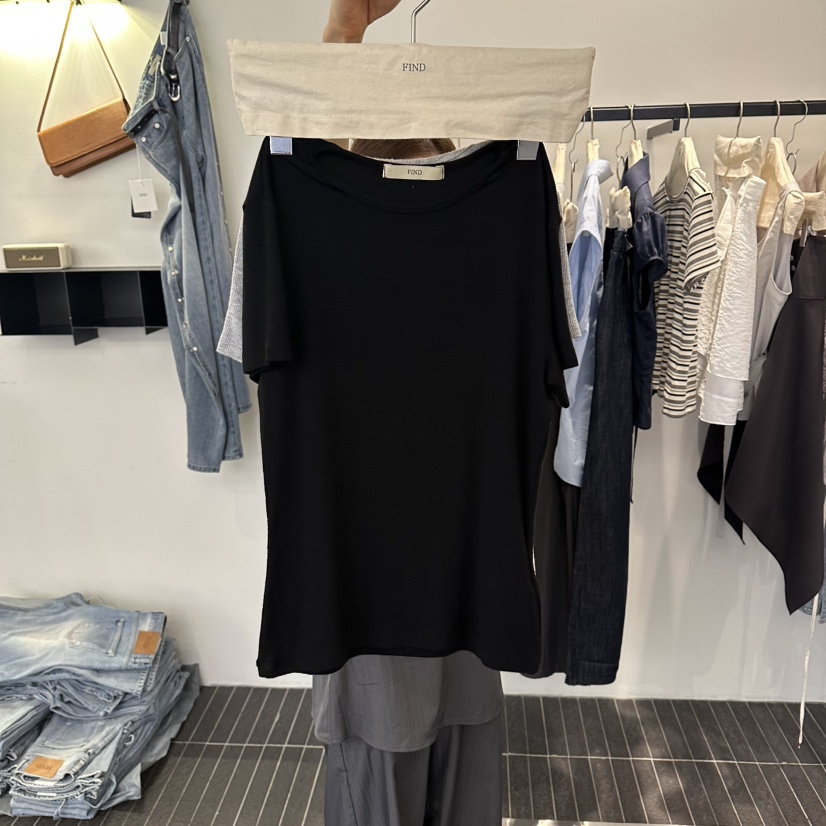 FIND-P韓國代購女裝新品熱賣時尚26夏季休閑人氣T恤羅紋FIND-PT恤圖色5黑色