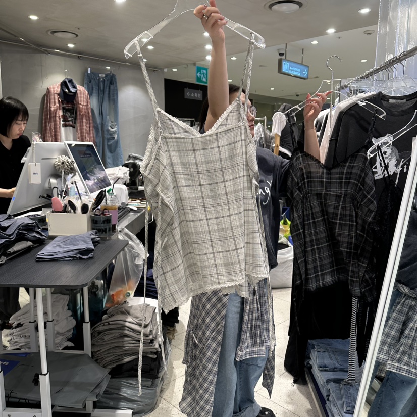 HERTZ-P韓國東大門代購女士新款休閑職業吊帶背心格子開衩HERTZ-P吊帶/背心