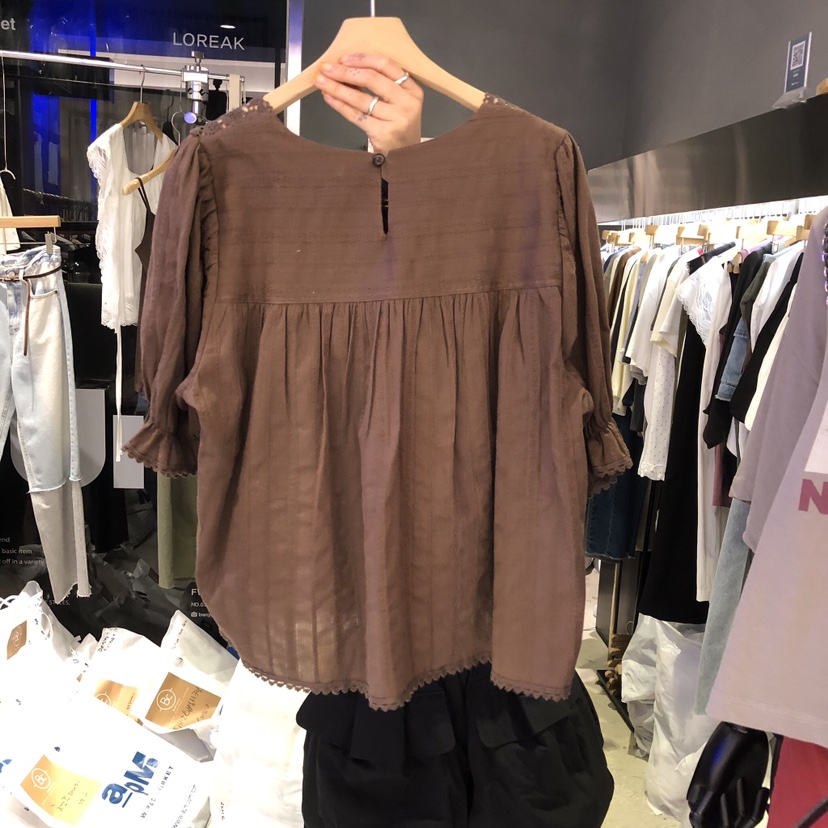 BANY ANCO韓國直郵女士新款26夏季時尚襯衫蕾絲衫復古蕾絲BANY ANCO襯衫/蕾絲衫