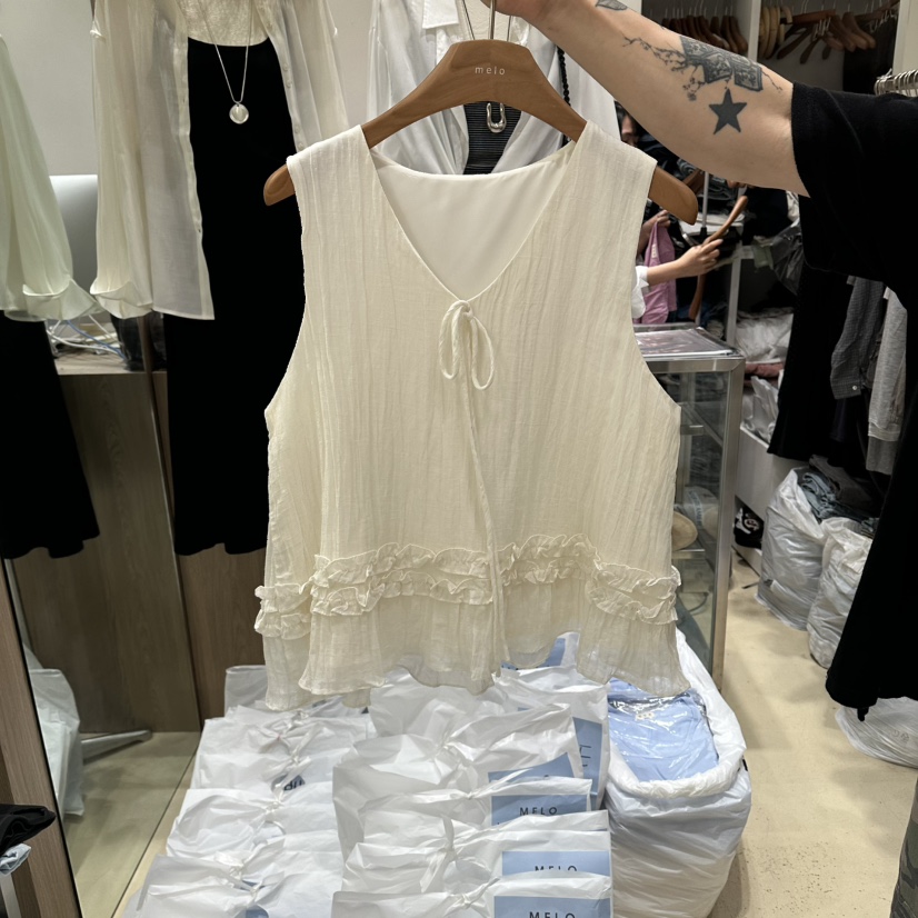 MELO東大門實拍韓國女士新品休閑人氣推薦吊帶背心多層褶裥MELO吊帶/背心圖色1