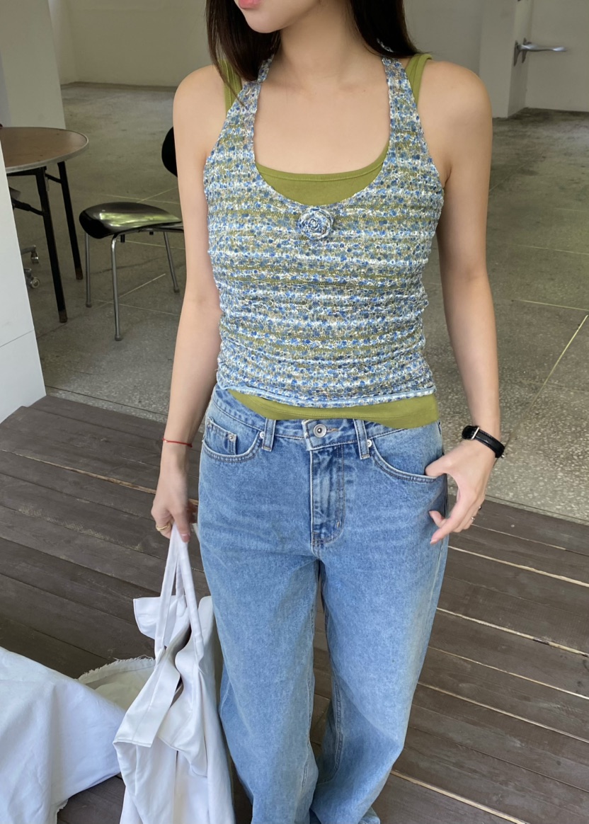 OUPPT韓國直郵實拍女裝新品推薦吊帶背心不含內搭花朵無袖OUPPT吊帶/背心