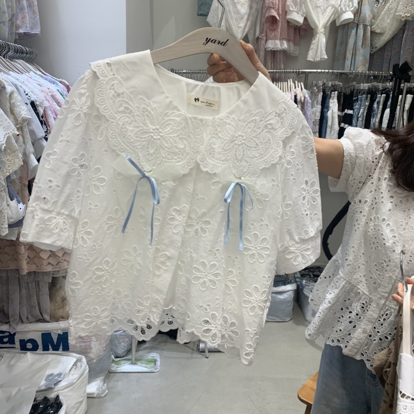 YARD韓國直郵實拍女裝新品休閑熱賣推薦襯衫蕾絲衫絲帶繡花YARD襯衫/蕾絲衫圖色1