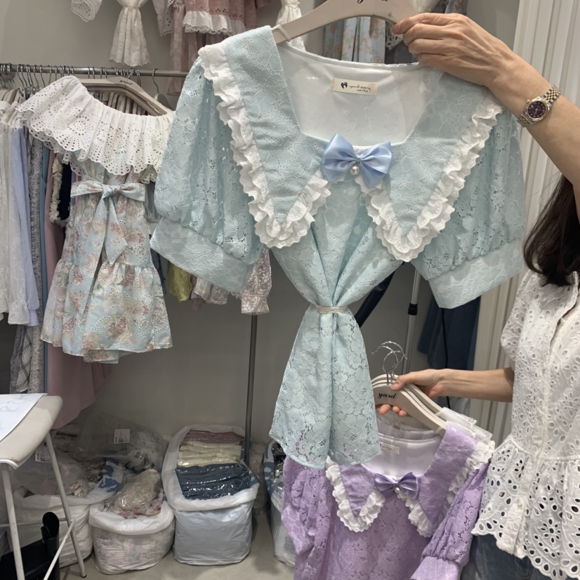 YARD韓國代購女裝新款26夏季26春夏時尚休閑襯衫蕾絲衫絲帶YARD襯衫/蕾絲衫圖色1