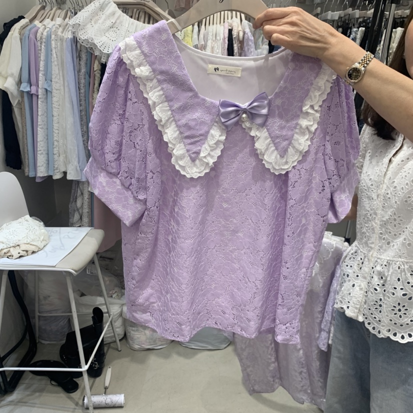 YARD韓國代購女裝新款26夏季26春夏時尚休閑襯衫蕾絲衫絲帶YARD襯衫/蕾絲衫圖色2