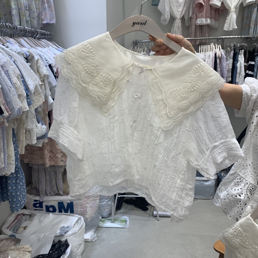 YARD韓國代購女士新款時尚熱賣休閑人氣襯衫蕾絲衫刺繡絲帶YARD襯衫/蕾絲衫圖色1