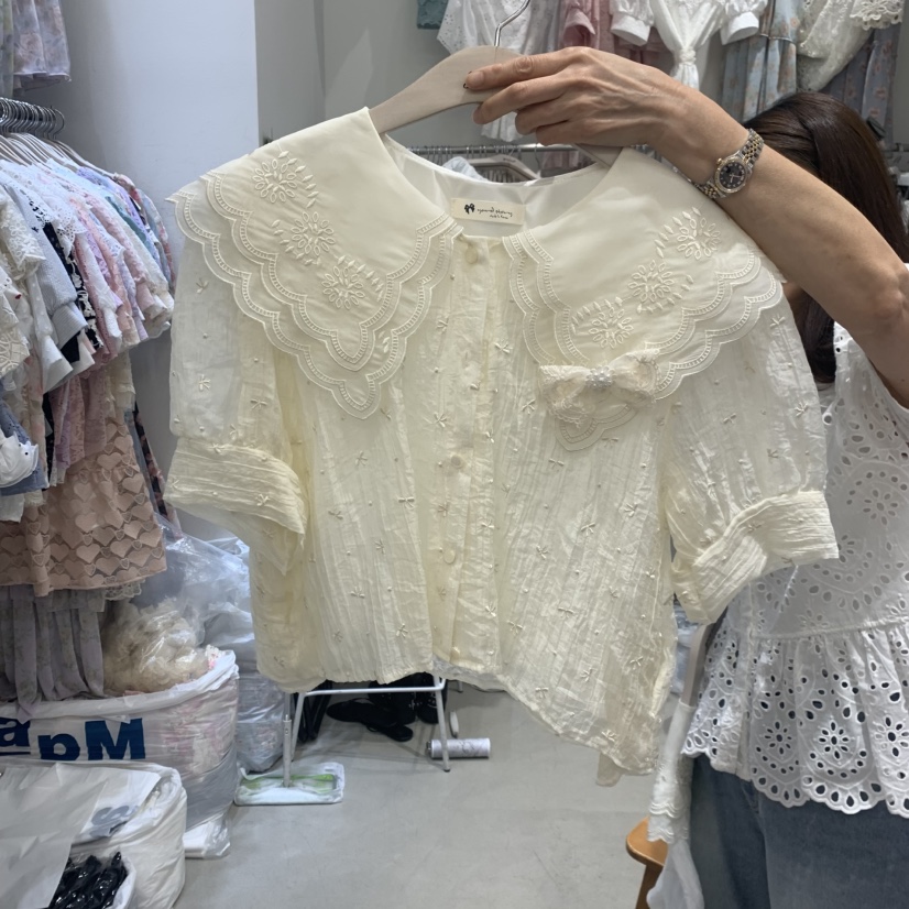 YARD韓國代購女士新款時尚熱賣休閑人氣襯衫蕾絲衫刺繡絲帶YARD襯衫/蕾絲衫圖色2