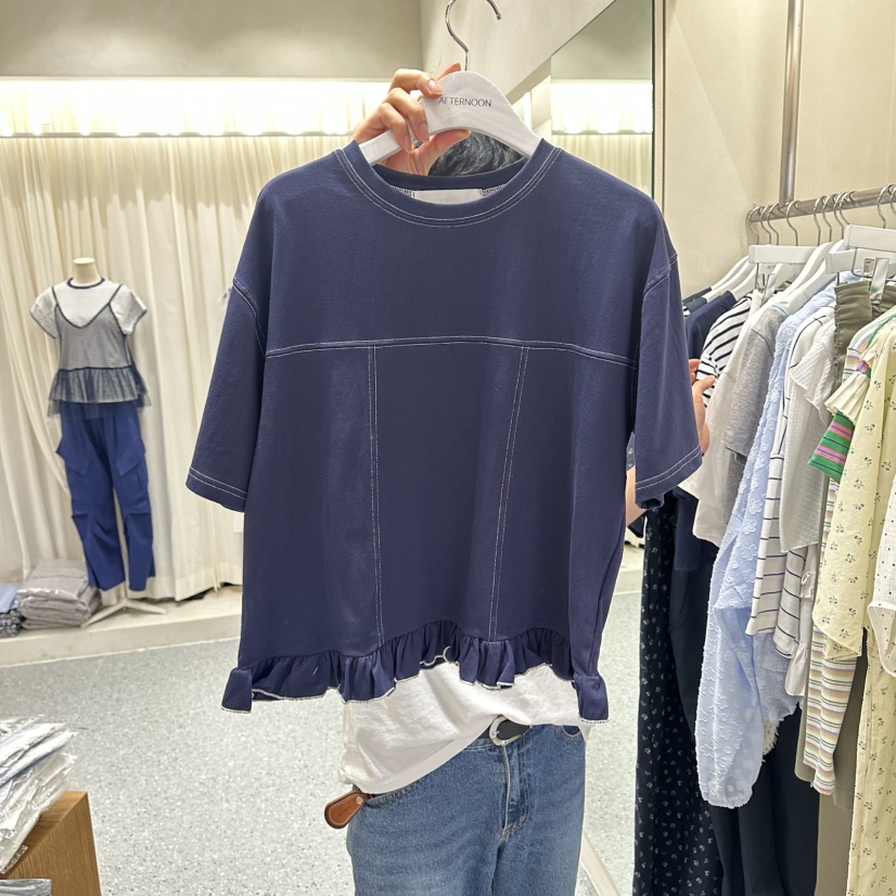 AFTERNOON韓國東大門直郵女裝新款26春夏熱賣職業T恤荷葉邊AFTERNOONT恤圖色2