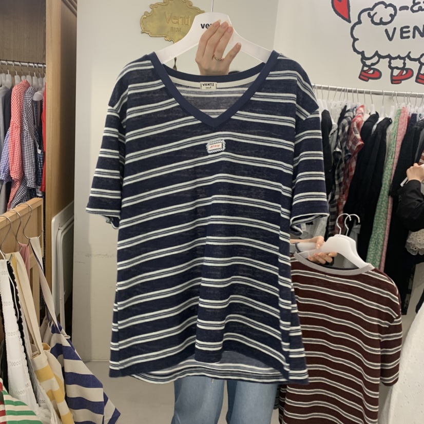 VENTI韓國直郵實拍女裝新品推薦人氣26夏季職業T恤V領亞麻VENTIT恤圖色1