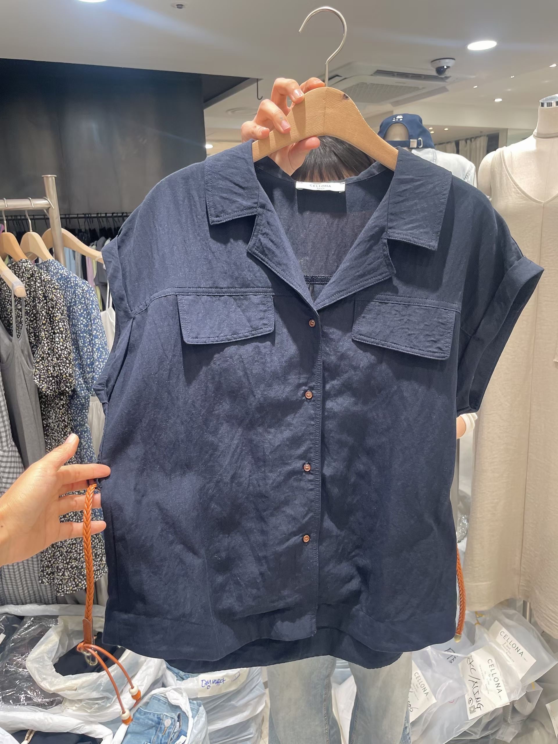 CELLONA韓國直郵實拍女裝新品推薦襯衫蕾絲衫含腰帶口袋SCELLONA襯衫/蕾絲衫