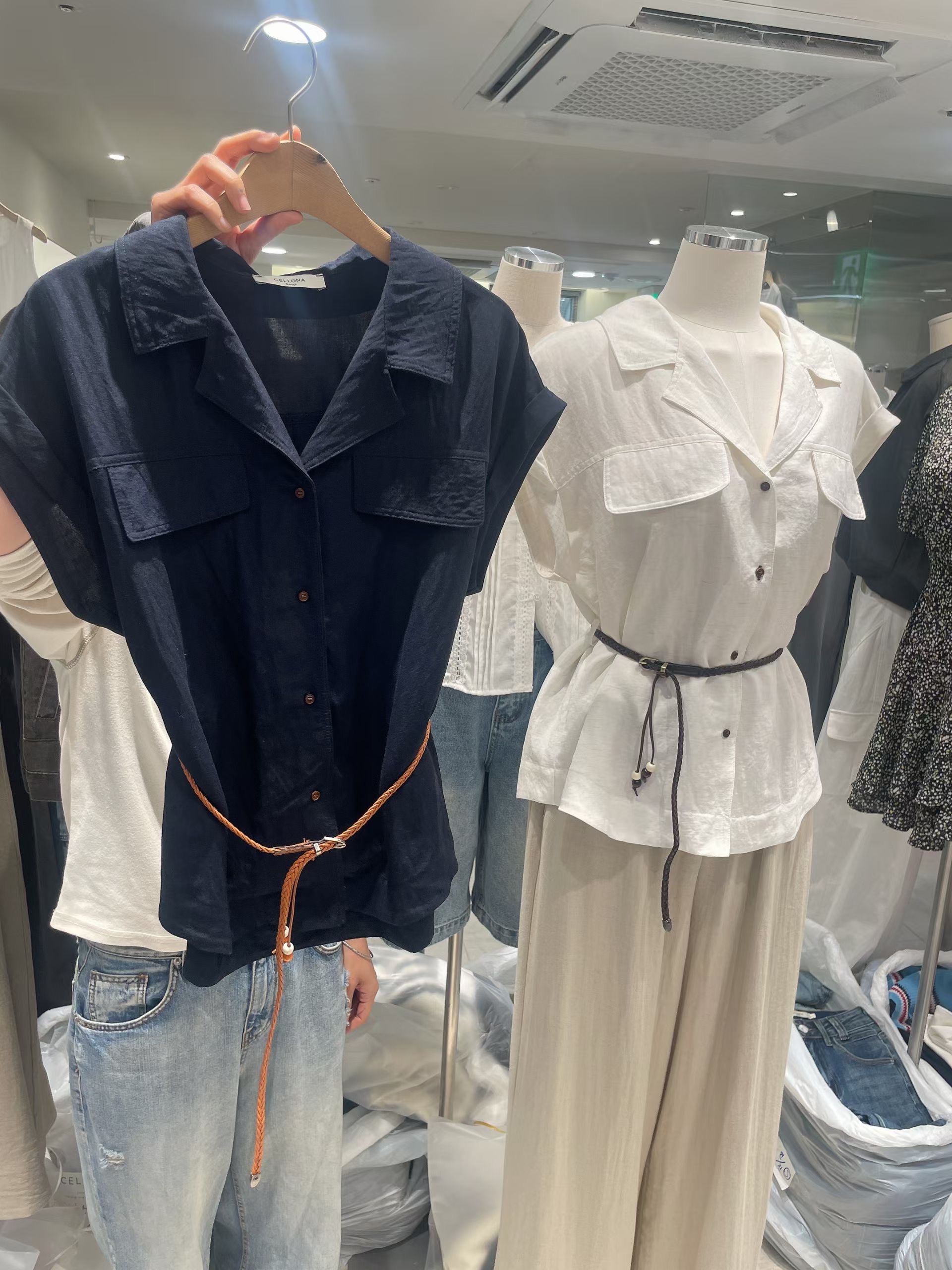 CELLONA韓國直郵實拍女裝新品推薦襯衫蕾絲衫含腰帶口袋SCELLONA襯衫/蕾絲衫